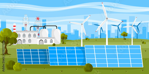 Vector illustration of a beautiful power station. Cartoon urban buildings with solar panels, wind turbines, radio towers and city in the background.