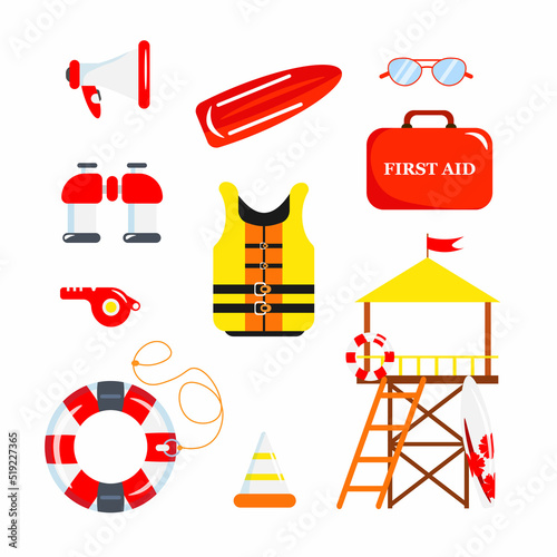 Set of equipment beach lifeguards in cartoon style. Vector illustration of loudspeaker, sunglasses, life buoy and vest, whistle, binoculars, buoys, first aid kit, stretcher on white background.