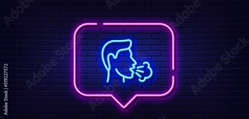 Neon light speech bubble. Cough line icon. Coronavirus symptom sign. Flu, sneeze or pneumonie symbol. Neon light background. Cough glow line. Brick wall banner. Vector