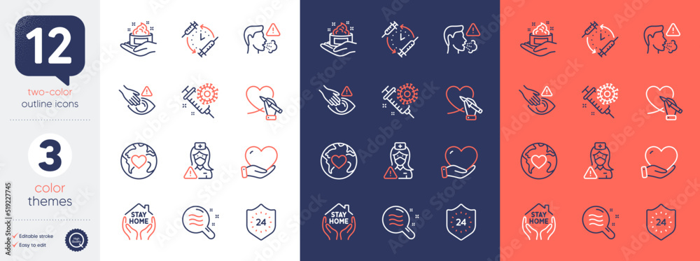 Set of Donation, Dont touch and Stay home line icons. Include Social care, Nurse, Coronavirus vaccine icons. Skin care, Cough, Skin condition web elements. Vaccination schedule, 24 hours. Vector Set of Donation, Dont touch and Stay home line icons. Include Social care, Nurse, Coronavirus vaccine icons. Skin care, Cough, Skin condition web elements. Vaccination schedule, 24 hours. Vector