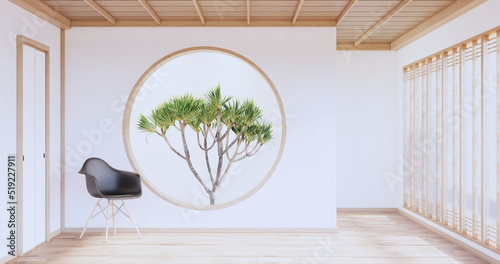 Circle shelf wall design, white empty room japanese deisgn, tatami mat floor. 3D rendering