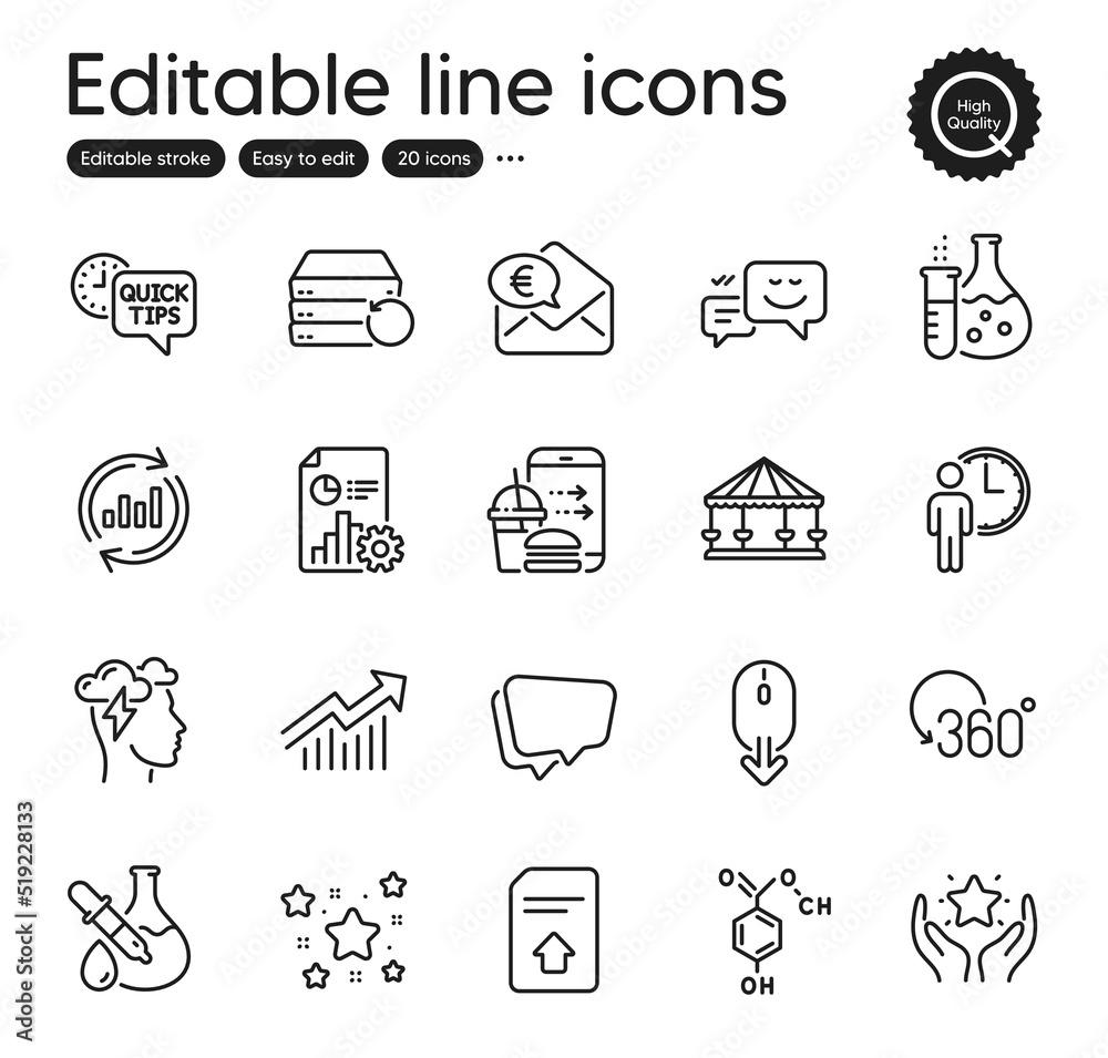 Set of Technology outline icons. Contains icons as Carousels, Chemistry flask and Ranking elements. Speech bubble, Upload file, Food order web signs. Chemical formula, Mindfulness stress. Vector