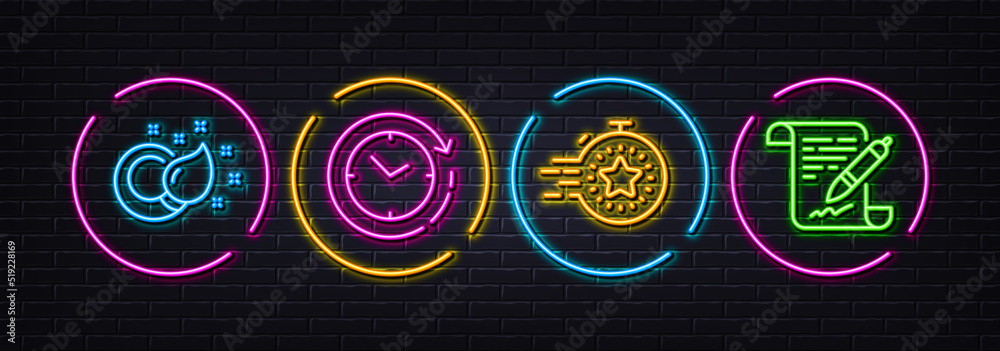 Timer, Paint brush and Time change minimal line icons. Neon laser 3d lights. Agreement document icons. For web, application, printing. Deadline management, Creativity, Clock. Legal contract. Vector