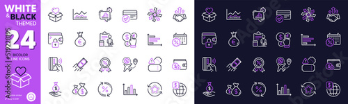 Discount medal, Diagram graph and Money bag line icons for website, printing. Collection of Loyalty points, Money currency, Statistics timer icons. Payment methods, Donation. Vector