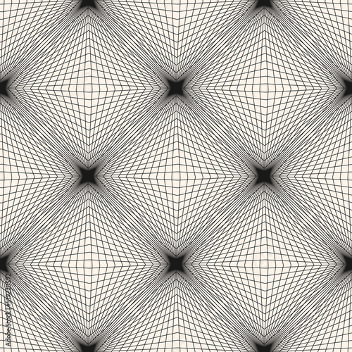 Vector geometric line pattern. Abstract seamless texture with thin broken lines in distorted cubic grid. Optical illusion effect. Modern black and white surface background. Trendy repeat geo design © Olgastocker