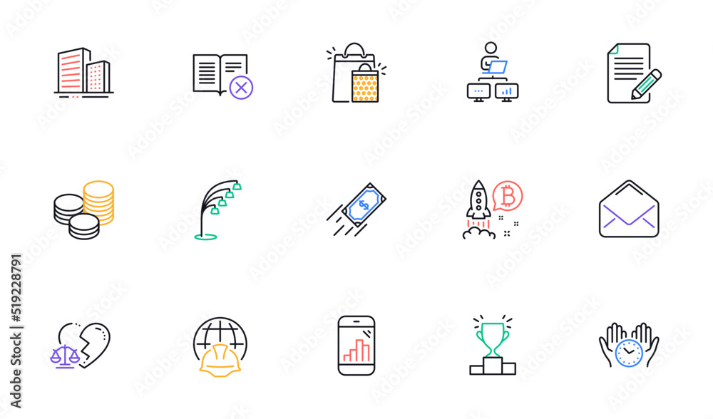 Article, Floor lamp and Mail line icons for website, printing. Collection of Bitcoin project, Buildings, Graph phone icons. Winner podium, Work home, Reject book web elements. Vector