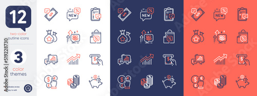 Set of Demand curve, Stress grows and Saving money line icons. Include Money currency, Checklist, Atm service icons. New, Accepted payment, Graph chart web elements. Loyalty points. Vector