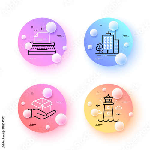 Lighthouse, Typewriter and Buildings minimal line icons. 3d spheres or balls buttons. Hold box icons. For web, application, printing. Beacon tower, Instruction, City architecture. Vector