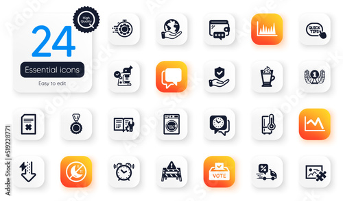 Set of Business flat icons. Microscope, Energy drops and Refrigerator elements for web application. Line chart, Latte coffee, Quick tips icons. Alarm clock, Engineering documentation. Vector