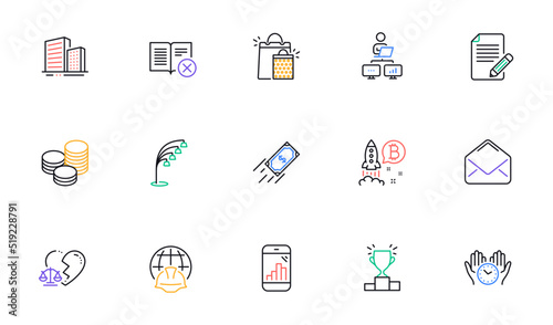 Article, Floor lamp and Mail line icons for website, printing. Collection of Bitcoin project, Buildings, Graph phone icons. Winner podium, Work home, Reject book web elements. Vector