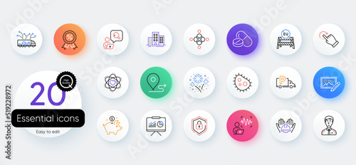Simple set of Inclusion, Builders union and Buildings line icons. Include Bacteria, Voice wave, Atom icons. Saving money, Medical drugs, Shield web elements. Discount medal. Vector