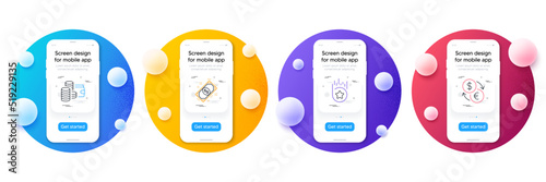 Minimal set of Wallet, Loyalty star and Payment line icons for web development. Phone ui interface mockup with balls. Currency exchange icons. Money budget, Bonus reward, Finance. Vector