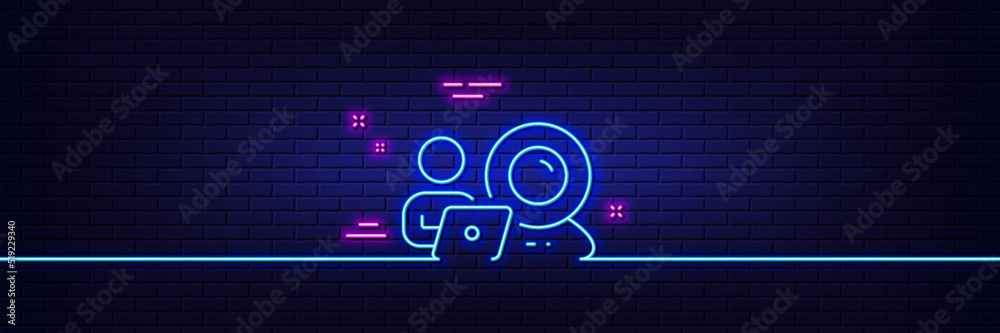 Neon light glow effect. Video conference line icon. Online training sign. Webcam presentation symbol. 3d line neon glow icon. Brick wall banner. Video conference outline. Vector Neon light glow effect. Video conference line icon. Online training sign. Webcam presentation symbol. 3d line neon glow icon. Brick wall banner. Video conference outline. Vector