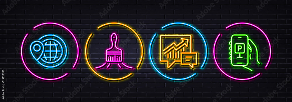 World travel, Accounting and Brush minimal line icons. Neon laser 3d lights. Parking app icons. For web, application, printing. Map pointer, Supply and demand, Art brush. Smartphone parking. Vector