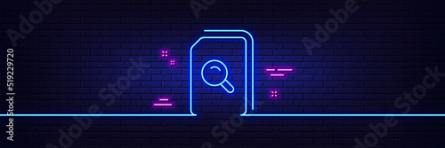 Neon light glow effect. Search Documents line icon. File with Magnifying glass sign. Paper page concept symbol. 3d line neon glow icon. Brick wall banner. Search files outline. Vector