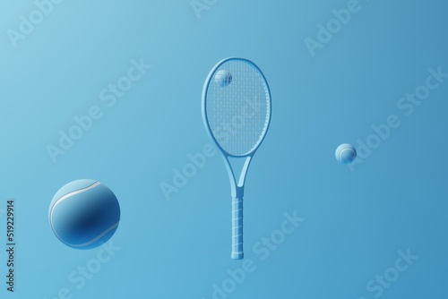 Tennis ball and tennis racket on a blue pastel background. Abstract minimal sport concept. 3d render.