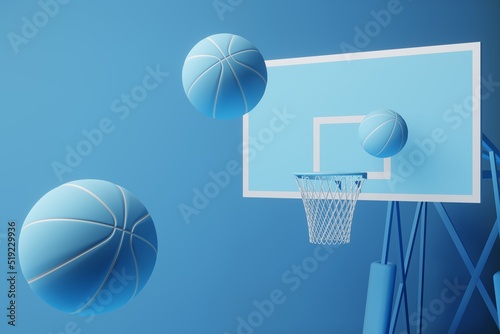 Basketballs and basketball basket on a blue pastel background. Abstract minimal sport concept. 3d render.