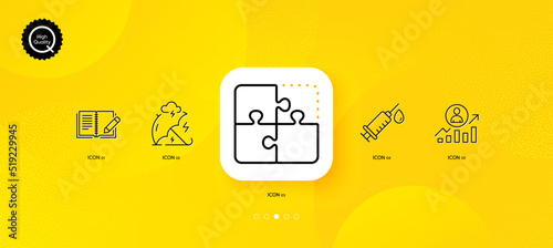 Medical syringe, Feedback and Career ladder minimal line icons. Yellow abstract background. Puzzle, Stress protection icons. For web, application, printing. Vector