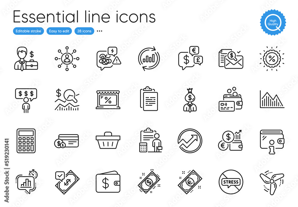 Stop stress, Market and Shopping basket line icons. Collection of Card, Wallet, Networking icons. Euro money, Calculator, Accounting report web elements. Payment method, Currency rate, Stress. Vector