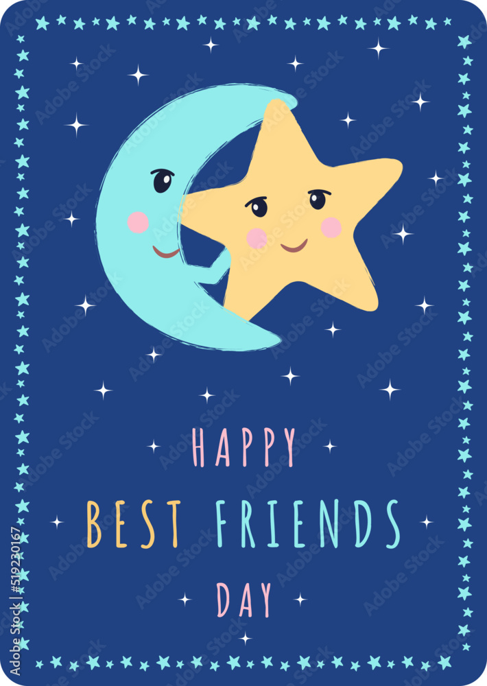 Moon and star best friends cartoon vector illustration card.