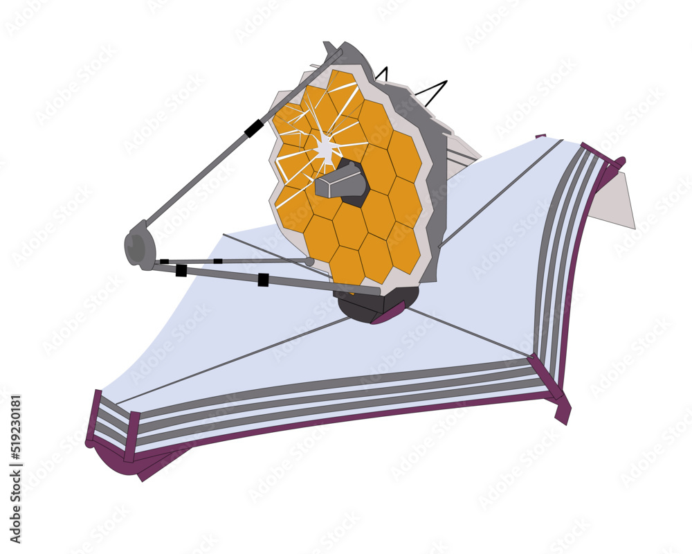 James Webb Space Telescope with broken mirror isolated on white. Vector illustration.