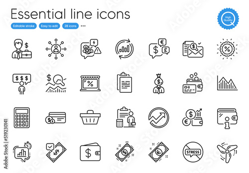 Stop stress, Market and Shopping basket line icons. Collection of Card, Wallet, Networking icons. Euro money, Calculator, Accounting report web elements. Payment method, Currency rate, Stress. Vector