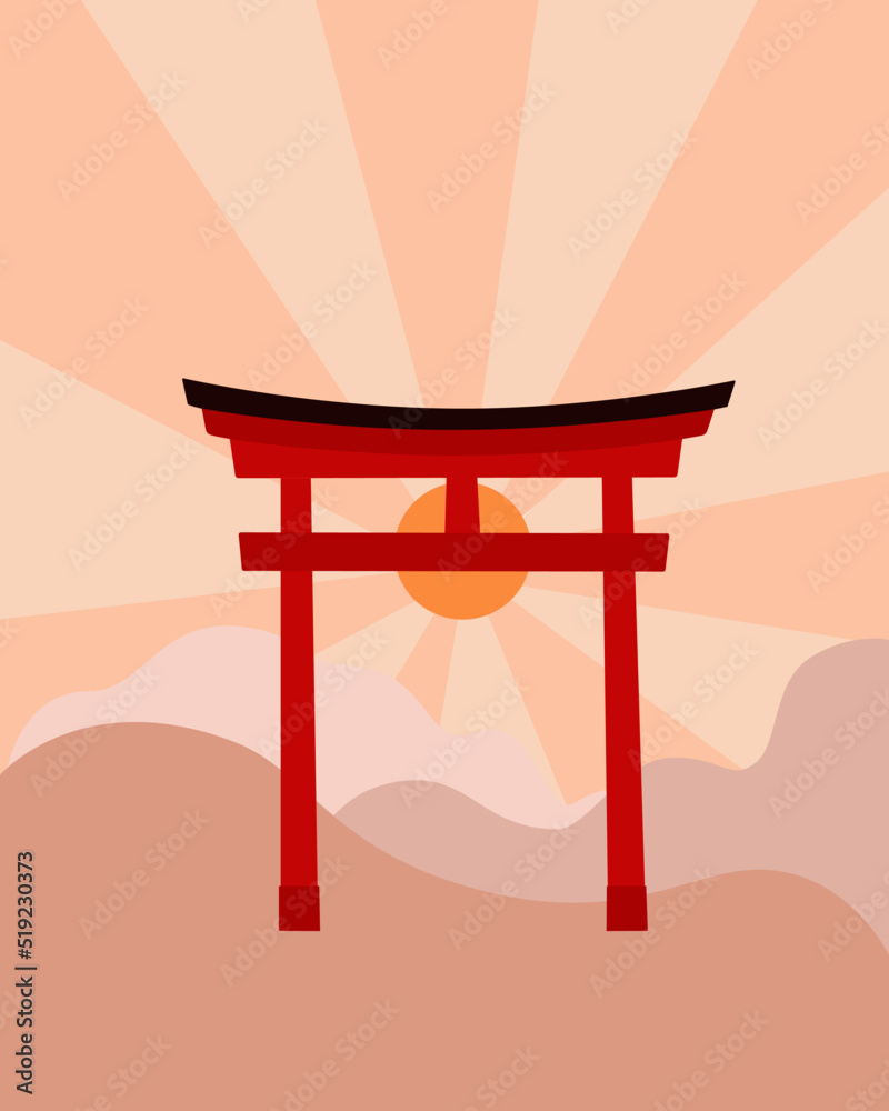 Vecteur Stock Torii gate with rising sun and mountains on the ...