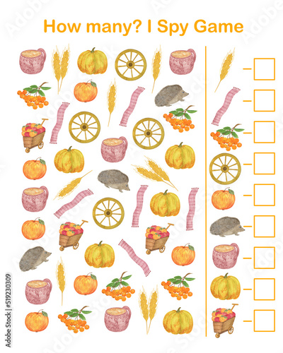 Autumn I spy, How many counting educational game for kids with autumn elements, watercolor illustration, educational puzzle, printable worksheet for kids, leisure or study game, teachers resources