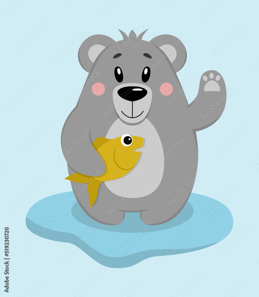 Fototapeta premium Polar bear with gold fish cartoon vector illustration.