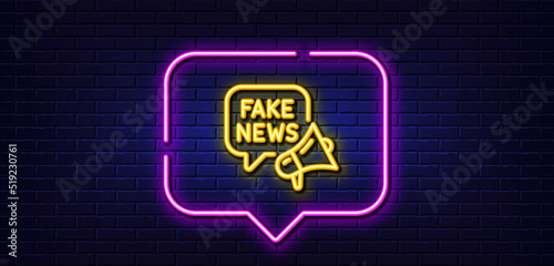 Neon light speech bubble. Fake news line icon. Propaganda conspiracy chat sign. Wrong truth megaphone symbol. Neon light background. Fake news glow line. Brick wall banner. Vector