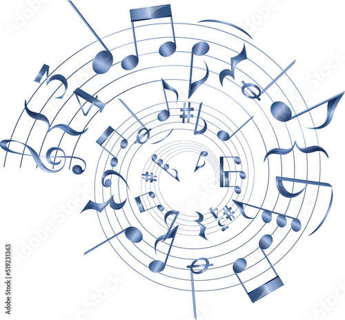 Spiral musical score with blue shining gradient. Abstract wavy stave with musical notes and G clef. Whirlwind musical score vector.