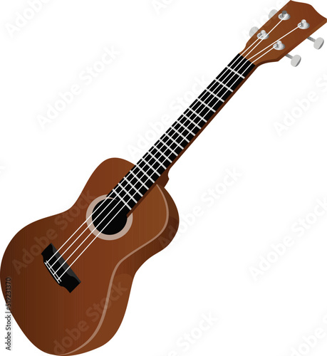 Ukulele realistic vector illustration. Acoustic classic guitar with four strings.
