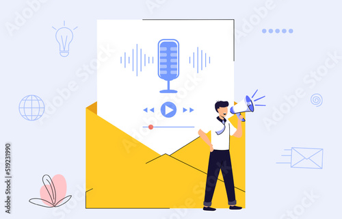 Voice Audio messaging Online chat technology Communication in instant messengers and social media Vector illustration flat design Audio recording and courses Man with megaphone stands near envelope