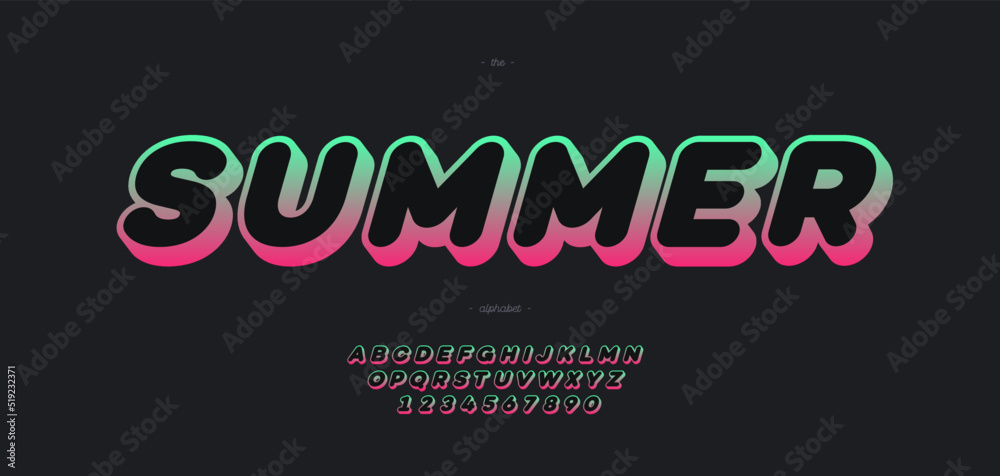 Vector summer font 3d bold gradient color style modern typography for decoration, logo, poster, t shirt, book, card, sale banner, printing, industrial. Cool typeface. Trendy fun alphabet. 10 eps