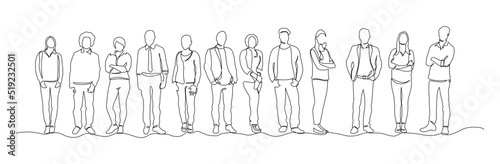 Continuous line drawing of diverse group of standing people. continuous line drawing of group of various positive diverse people standing in a row