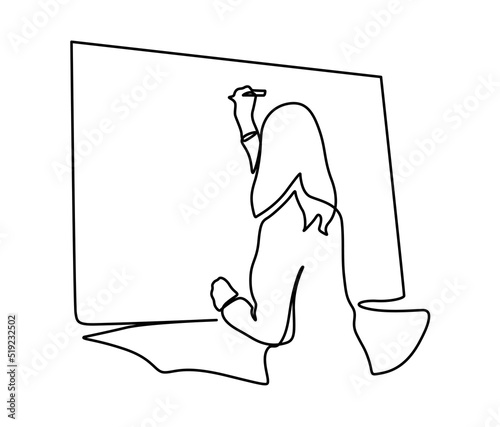 Continuous single drawn one line of person presentation standing to teaching, coaching, and presenting. Person writing on blank board to explain something. Continuous line drawing. Vector illustration