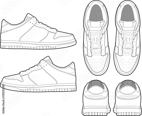 Low Top Sneaker Technical Illustration Drawing Vector Fashion Template Mockup Blank CAD Sketch for Tech Packs