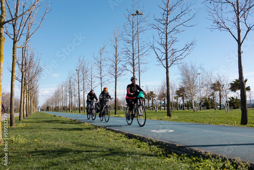 Three cyclists on the tree-lined bike path. Sport, healthy life and outdoor activities concept. No people face in photo.