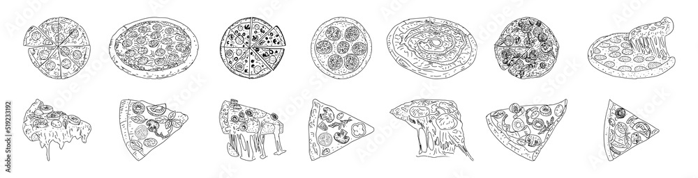 Fototapeta premium Pizza set, sketch style. Top view. Design template. Collection of pizza with ingredients. Engraved style illustration. Great for menu, poster or label. Vector.