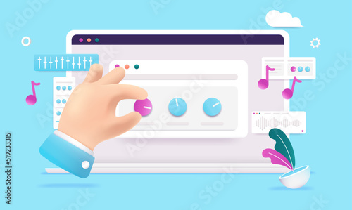 Computer music - Laptop screen with digital software for making music and audio. Cartoon style vector illustration