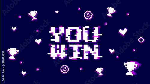 Win celebration illustration. Rich violet background with text you win and icons in glich error style. Template banner for website, poster or stream. 