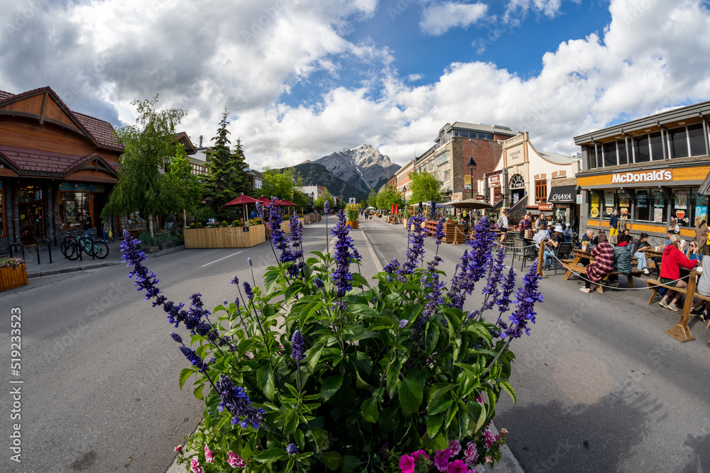 Fisheye view of the famous Banff Avenue in Banff National Park in Canada
