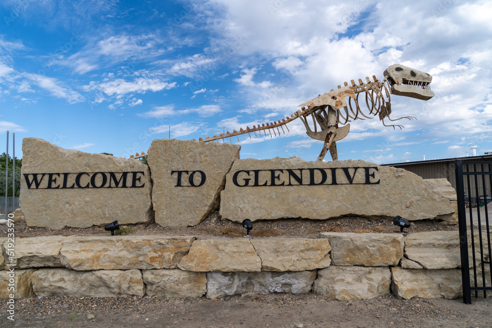 Glendive Montana July 22 2022: Welcome to Glendive sign features a