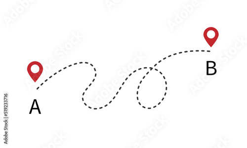 Curved dashed line from A to B path from start to finish points vector illustration isolated on white background