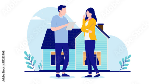 Couple in front of house - Man and woman buying home standing and contemplating. Flat design vector illustration