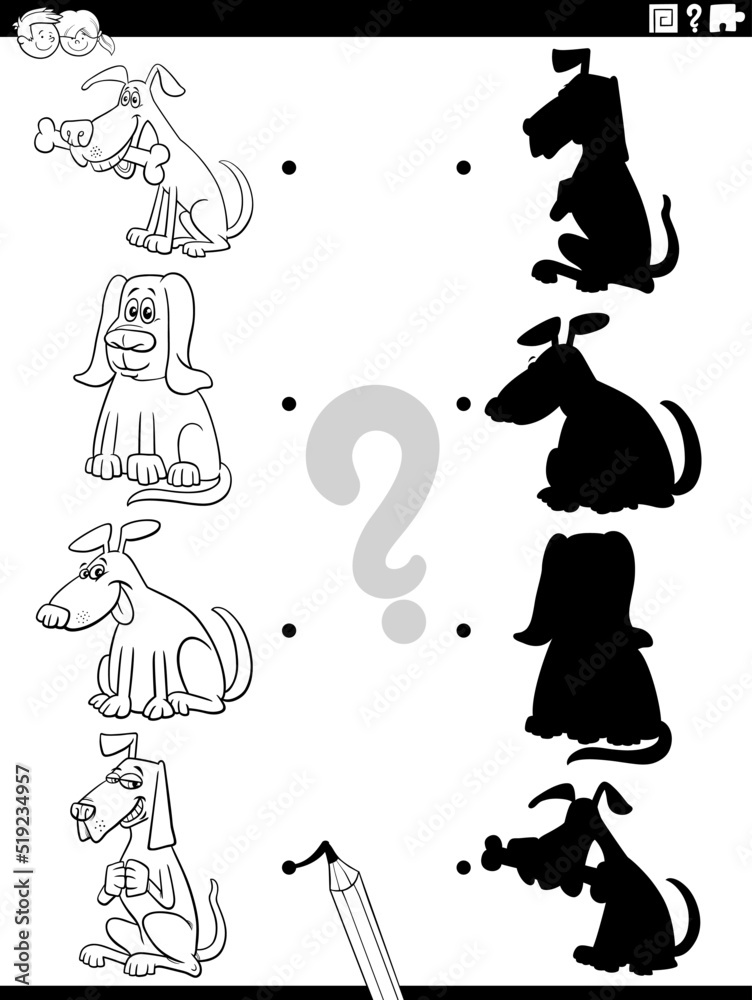 Fototapeta premium shadow game with cartoon dogs coloring page