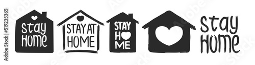 Stay home - hand drawn vector quote set isolated on white background with house and heart for self isolation, quarantine. Trendy typography for pillow, mug, cup, poster, home decor, kids room. 10 eps