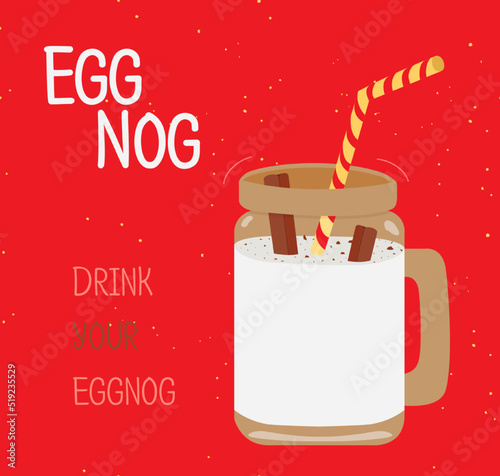 Egg nog - Christmas drink. Winter drink of egg-nog with cinnamon stick and pieces og shocolate on holiday background. Happy new Year. Vector Illustration 10 eps