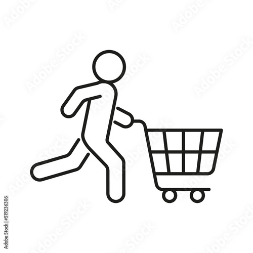 Person run with shopping cart to shop, hurry on sale, line icon. Fast shopping, delivery sign. Vector outline illustration