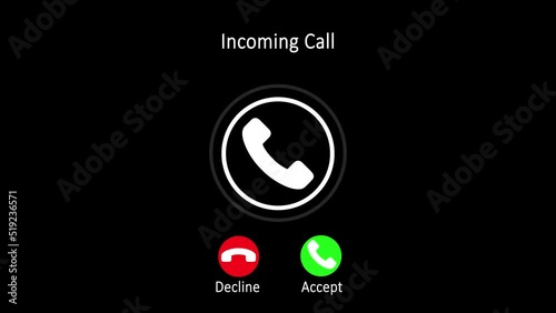 Incoming Call Screen Animation with Accept and Decline Option And Copy Space Placement on Black Background. Incoming Call Screen Animation